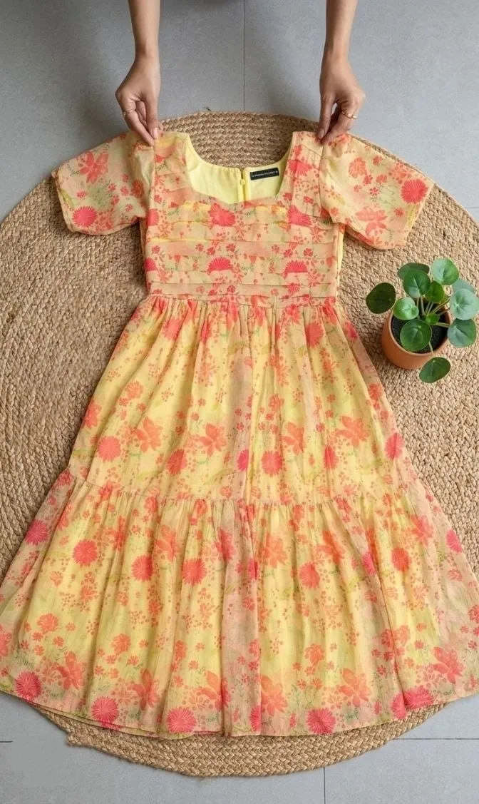 Premium Alfino Chiffon Floral Print Tiered Maxi Dress with Waist Knot