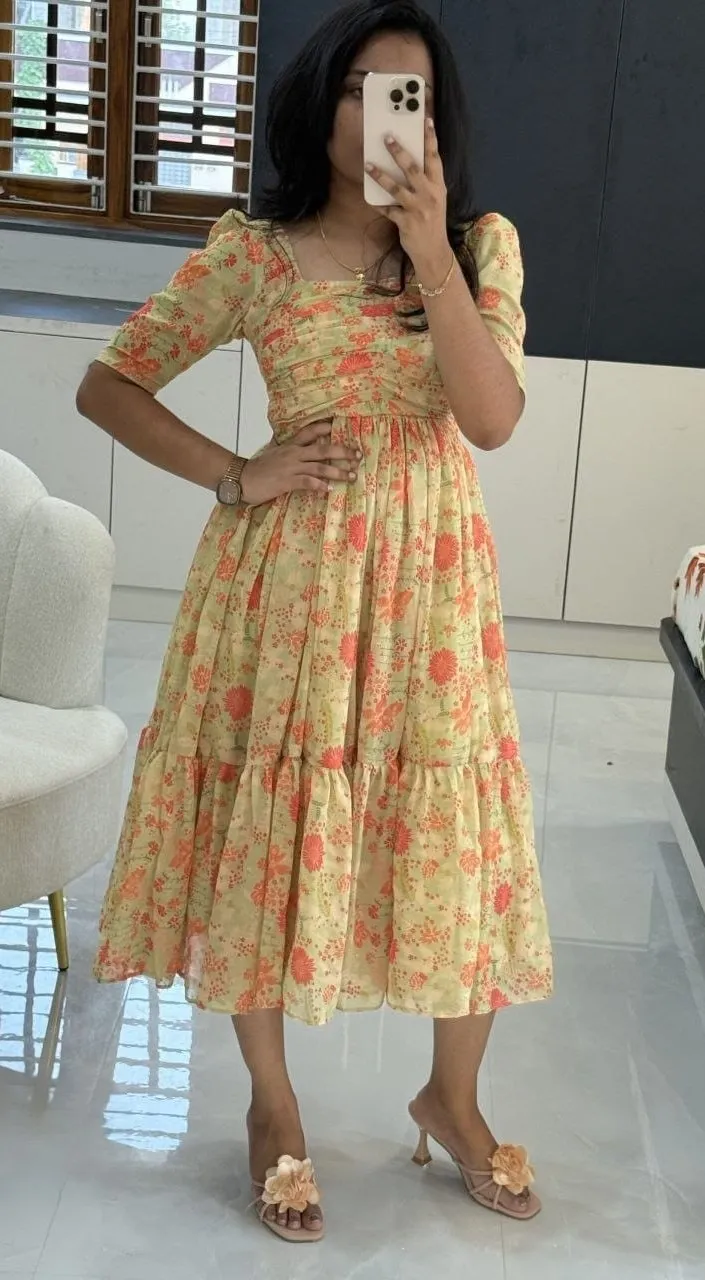 Premium Alfino Chiffon Floral Print Tiered Maxi Dress with Waist Knot