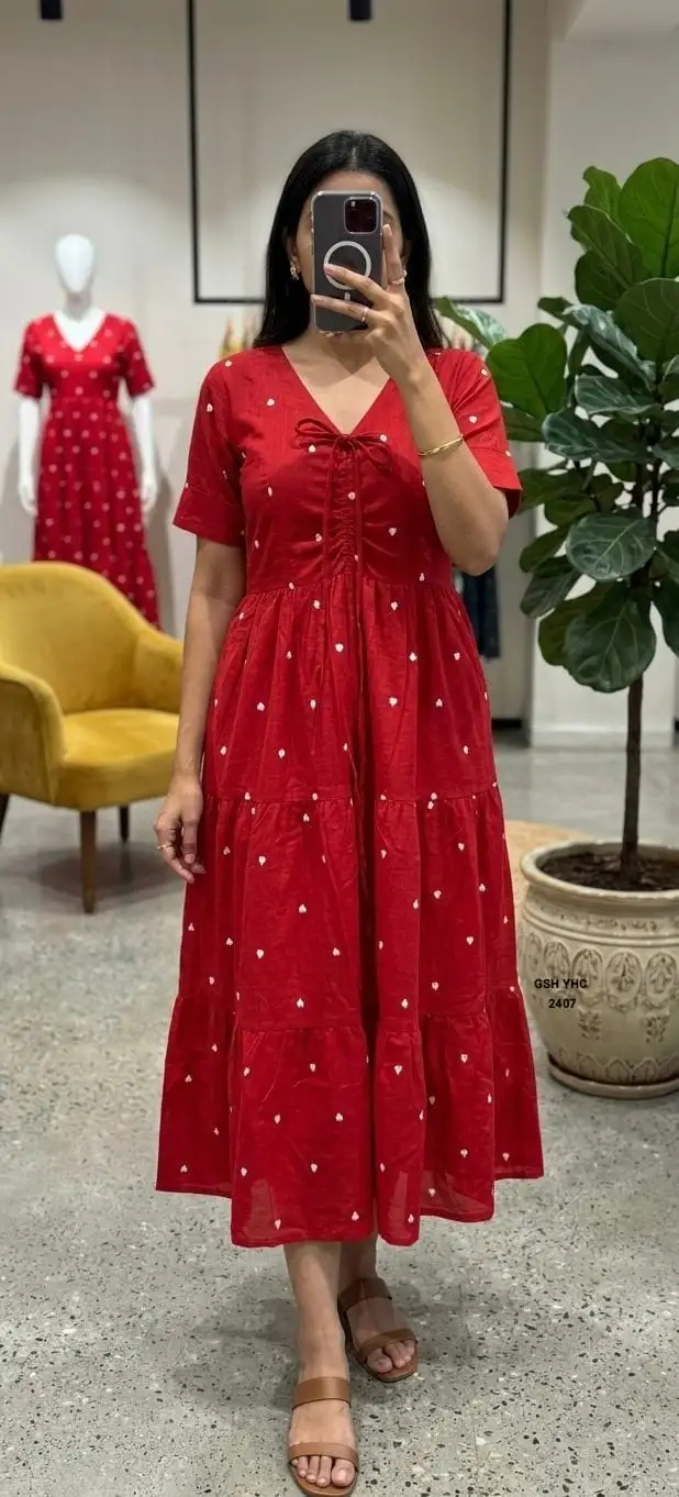 Premium Chanderi Cotton Heart Embroidered Maxi Dress