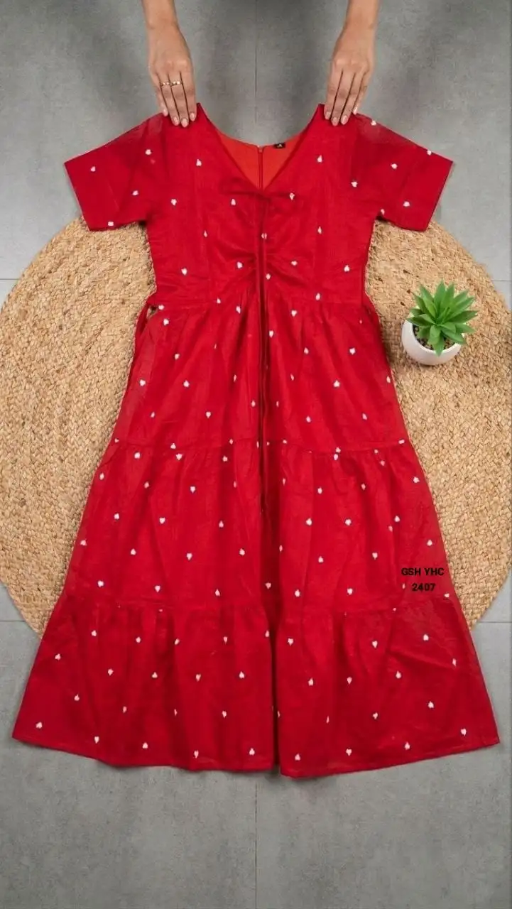 Premium Chanderi Cotton Heart Embroidered Maxi Dress