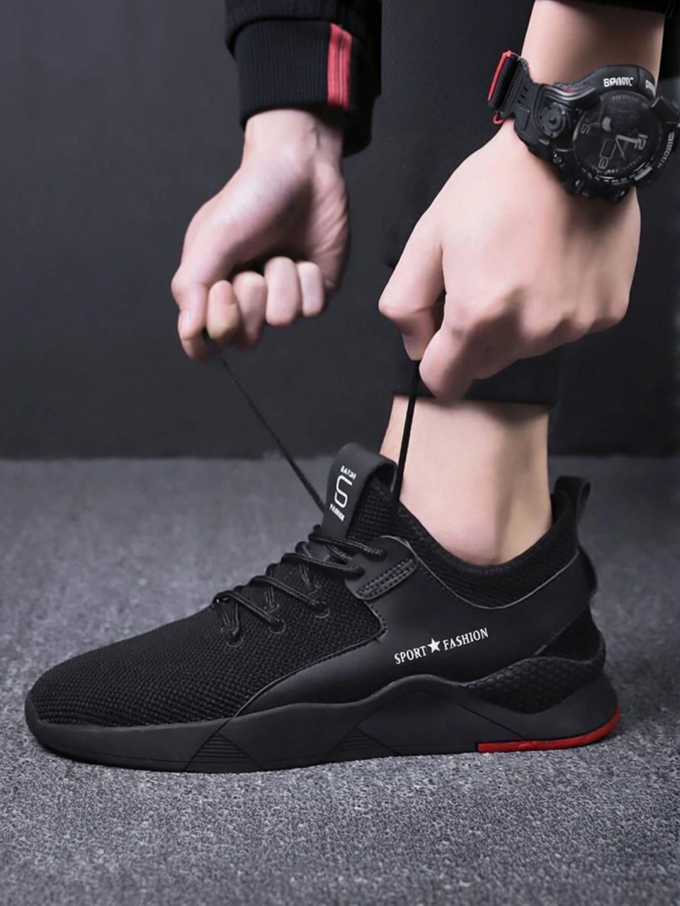 Men's Black Active Mesh Lace-Up Casual Sneakers