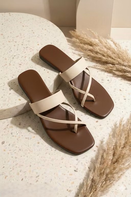 Cream One-Toe Cross Strap Comfort Flats