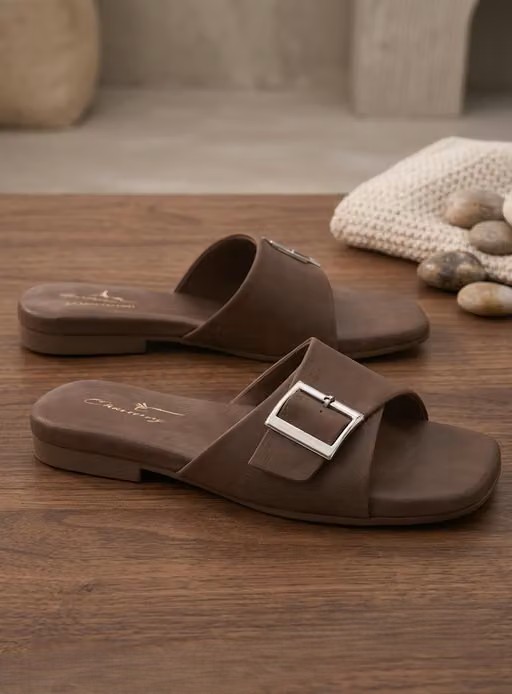 Brown Buckle Strap Flatform Flats