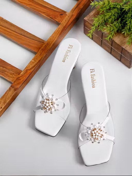 White Transparent Bow Block Heel Mules