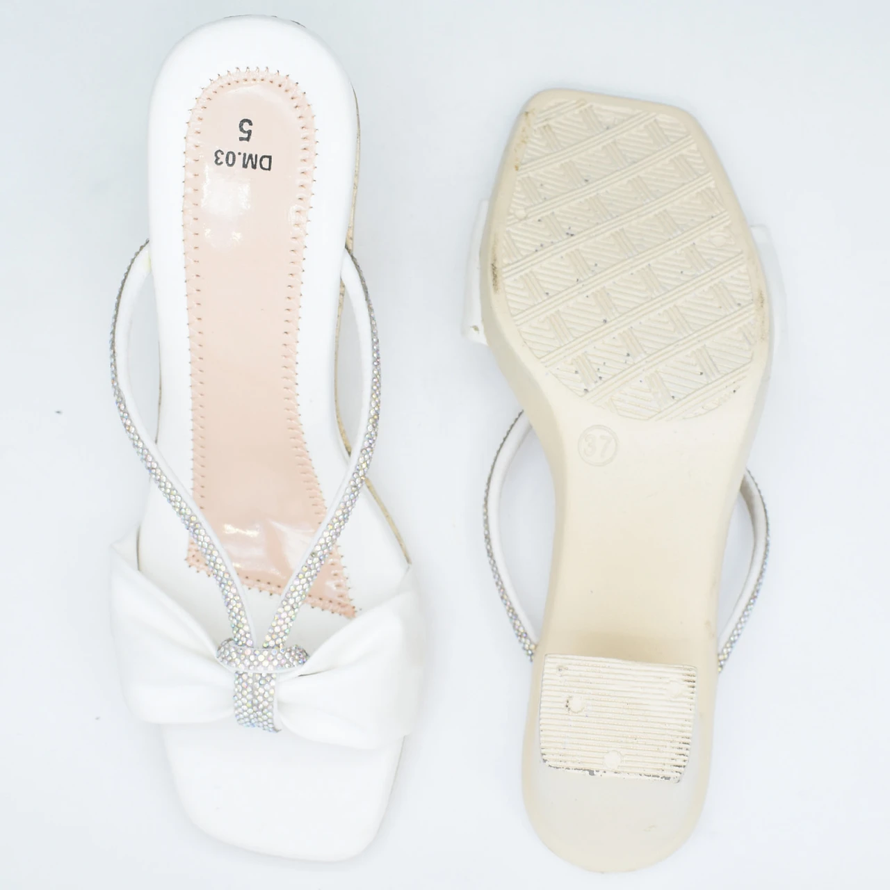 White Rhinestone Bow Wedge Heel Mules