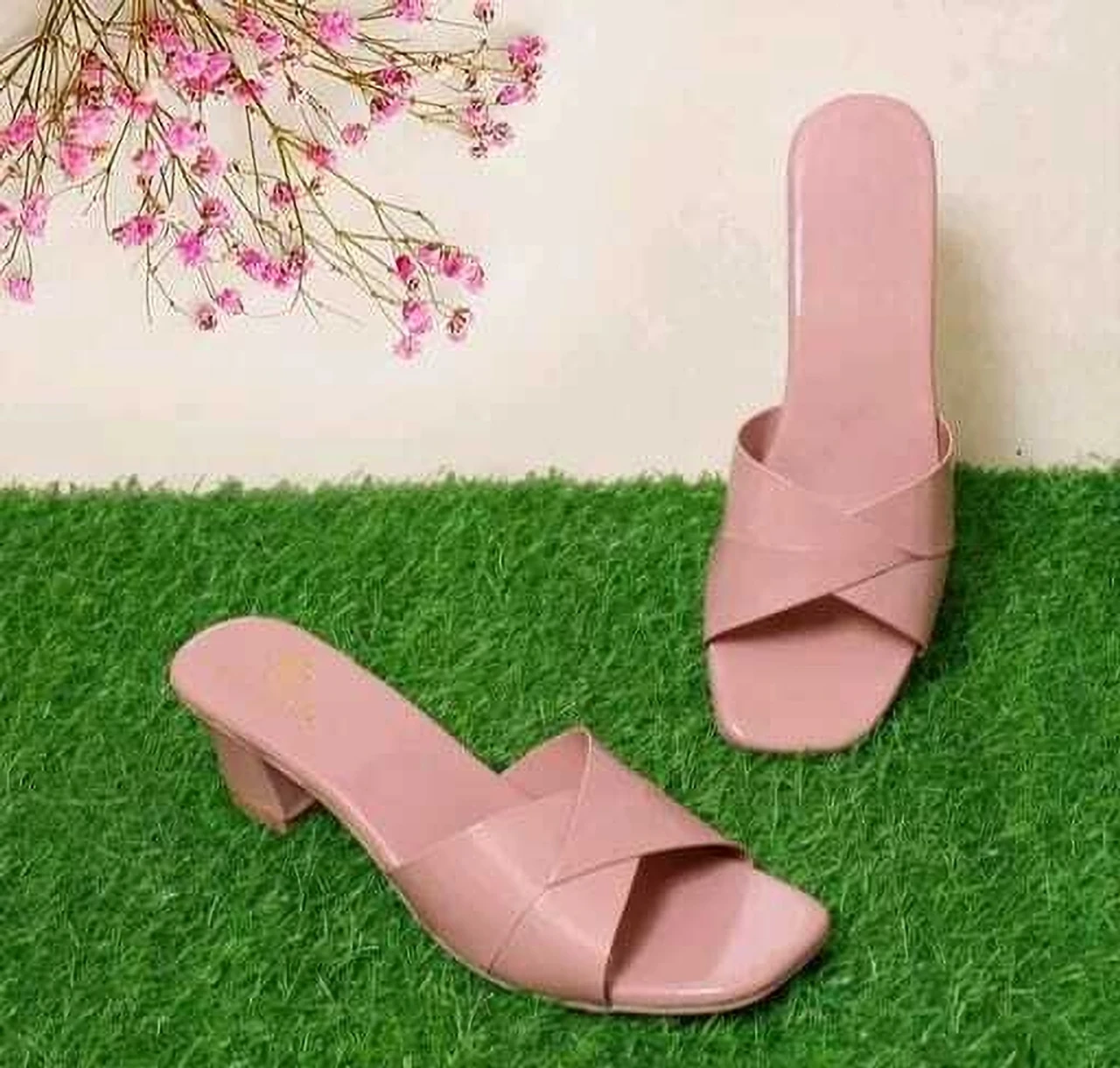 Pink Criss-Cross Block Heel Slip-On Mules