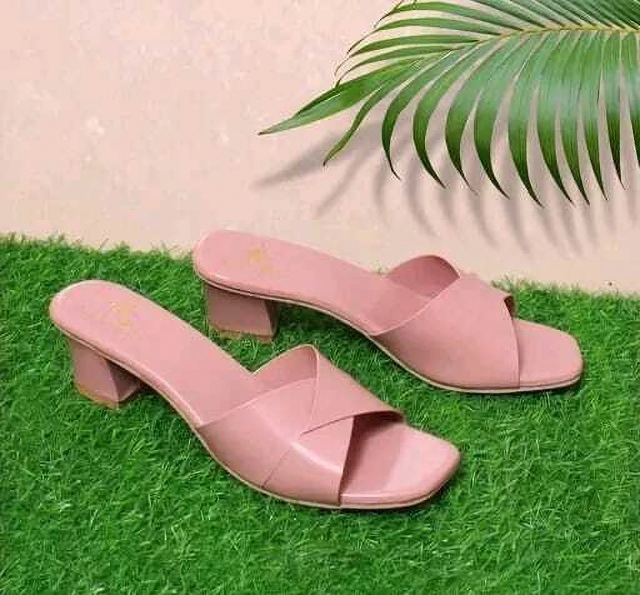 Pink Criss-Cross Block Heel Slip-On Mules