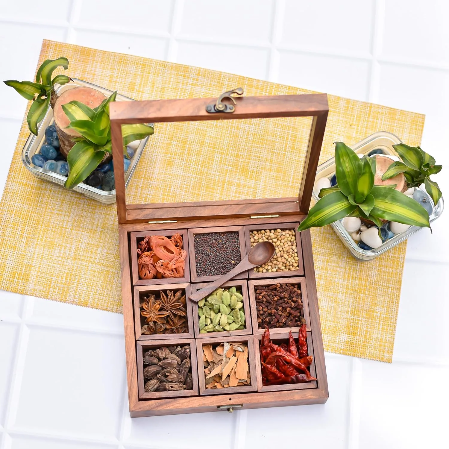 Whole Spices Wood box with spoon Indian Masala 70 ml Each Compartment - (9 Detachable Box)