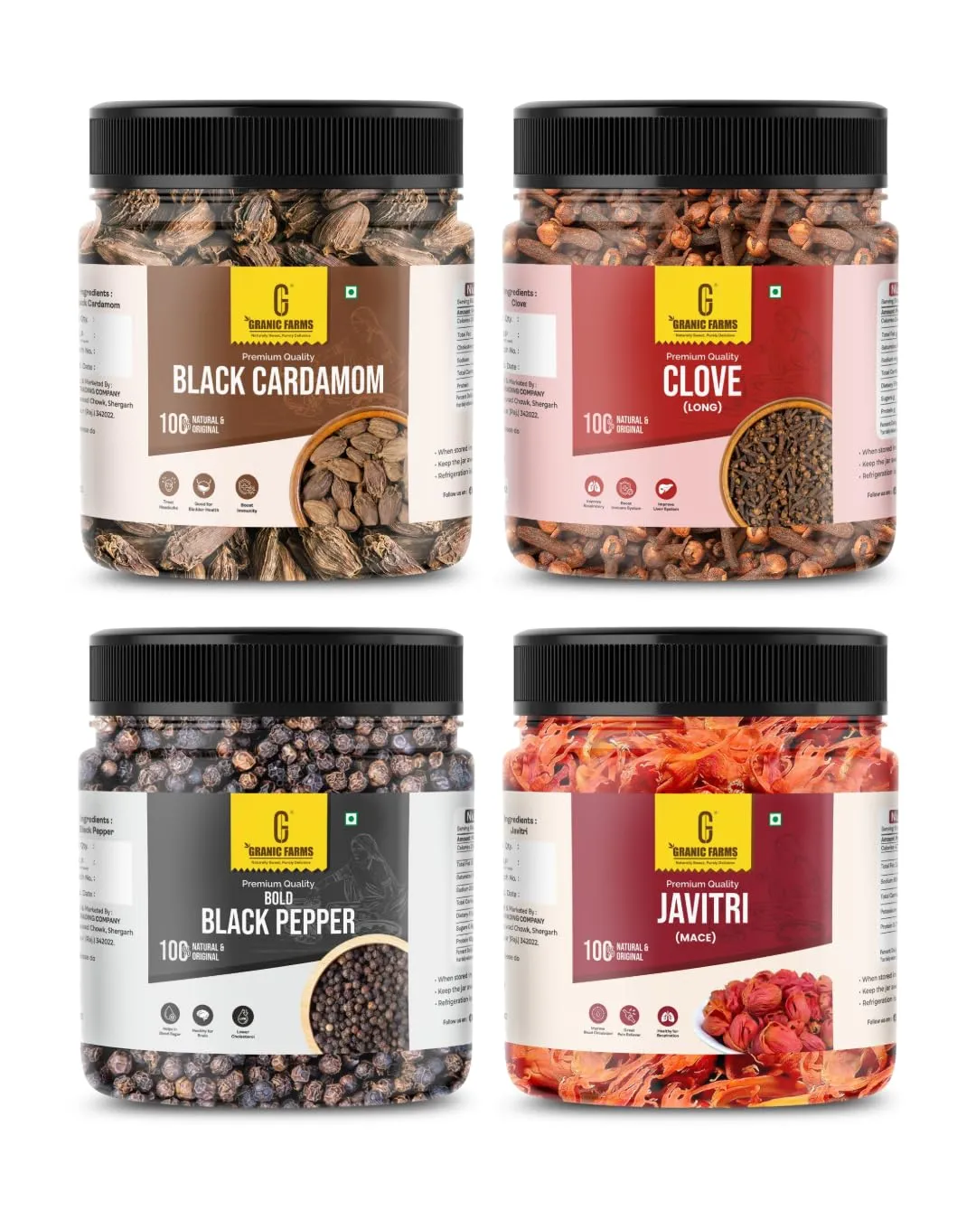 Granic Farms Premium Combo (100 Grams x 4) – Black Pepper Black Cardamom Cloves & Javitri
