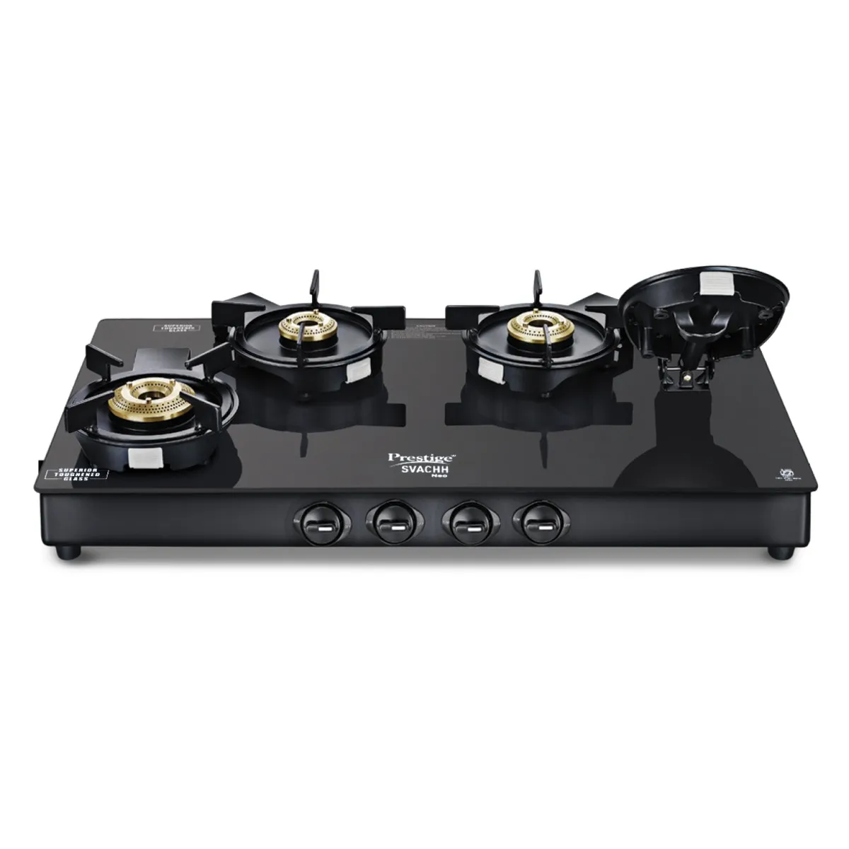 Svachh Neo Toughened Glass Top Gas Stove with Liftable 4 Burners, Black, GTSN 04 L + Prestige 3 Litre TRIPLY Svachh Inner Lid Pressure Cooker, Deep Lid for Spillage Control, Gas & Induction