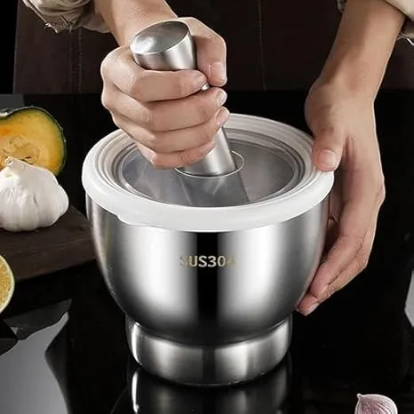 Stainless Steel Mortar and Pestle Set - Salt, Pepper, Herb, Spice Grinder - Garlic Press and Chopper - Wear-Resistant Kitchen Accessory
