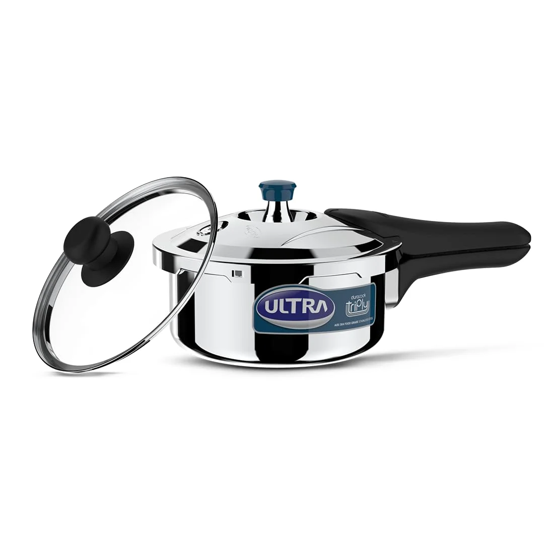 ULTRA Duracook Triply Duo 2 L Pressure Cooker, Dual Cooking with Interchangeable Glass and SS Lids, Froth Collector, Solid Bakelite Handles, SS 304 Food Grade, Induction Compatible, 5 Years Warranty
