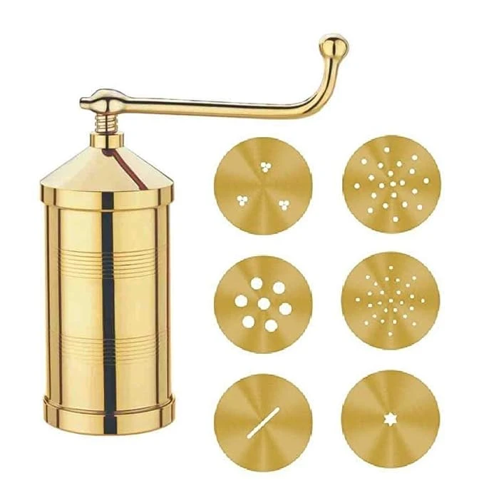 Whizzo Pure Brass 450gm Sev Sancha Machine with Free 6 Different Jali for Making Different Types of SevaiyaSevGathiya MurukkuChakliBhujia Etc
