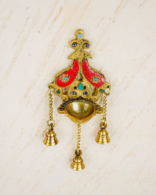 Brass Wall Hanging Diya with Stone Work - Red -