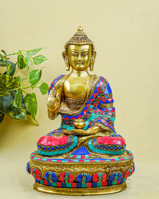 Brass Buddha Idol with Stone Work - 12 inch -