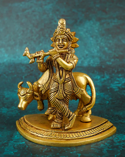 Brass Krishna with Cow - 5 inch