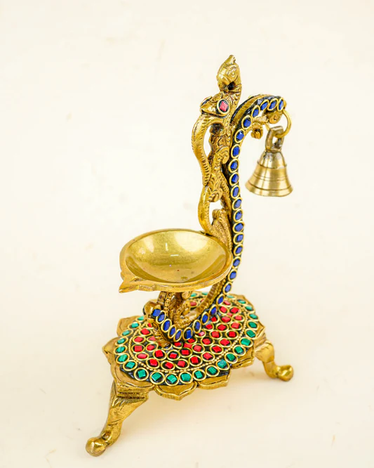 Brass Parrot Diya with Chowki & Stone Work - Green