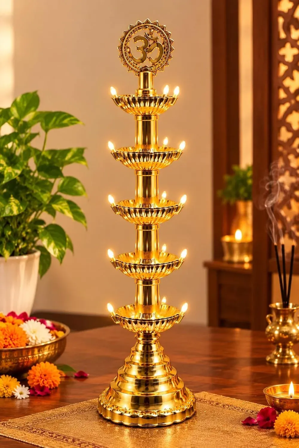 Srestha Glow Tech Electric 6 Step Diya Lamp Om Design 30 LED Bulbs, Traditional Decorative Deepam Light, Multi Layer Diya Stand Warm White Lights, Pooja Room, Home, Temple & Festival Decoration