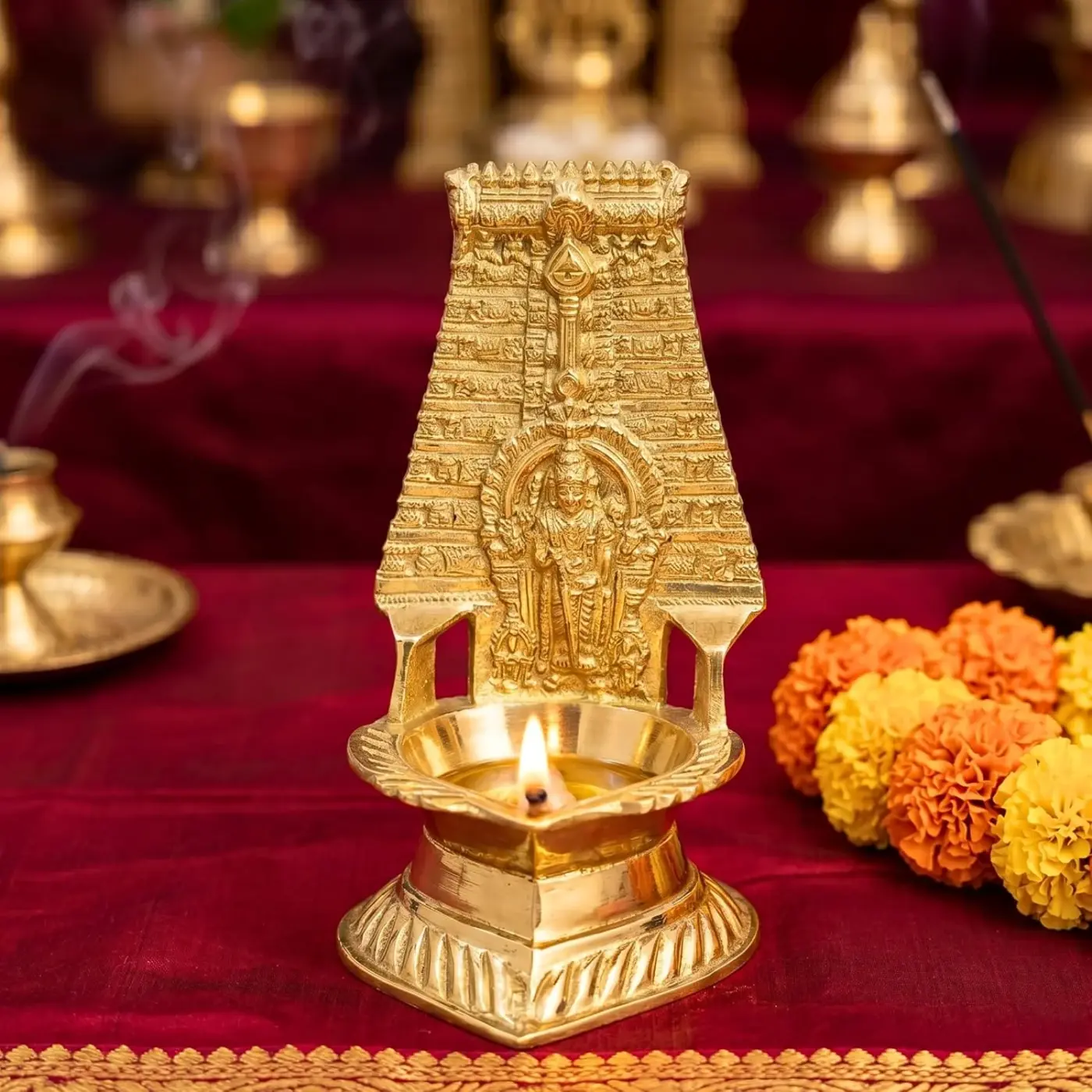 Anciently Brass Thiruchendur Murugan Vilakku - Traditional Gopuram Lamp & Diya for Pooja Room