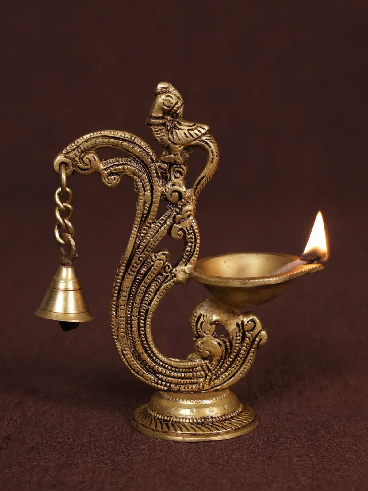 Brass Peacock Diya with Bell - Big - KEA3129