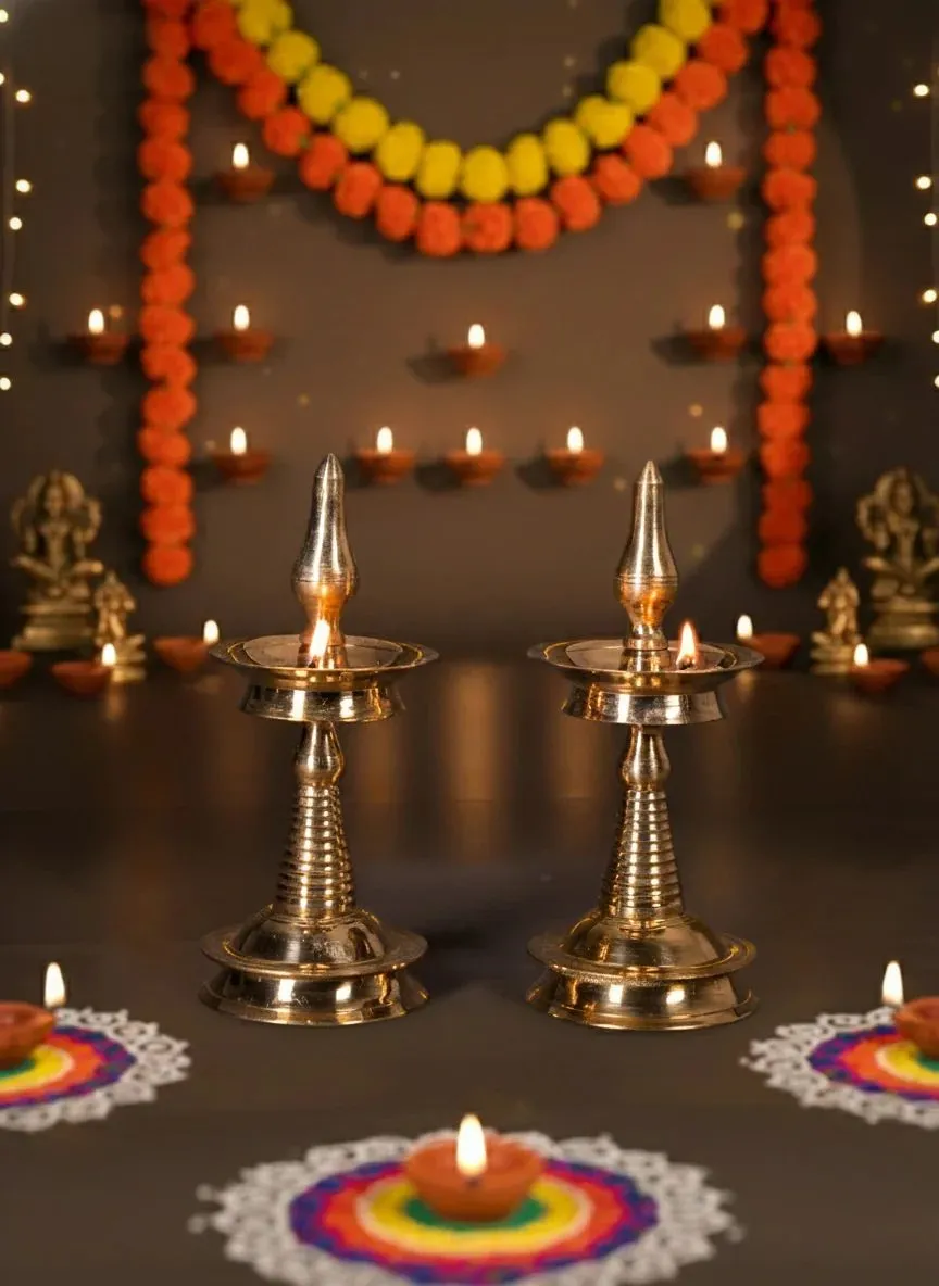 Traditional Brass Kerala Diya Set of 2 - 8 inch - KK20112