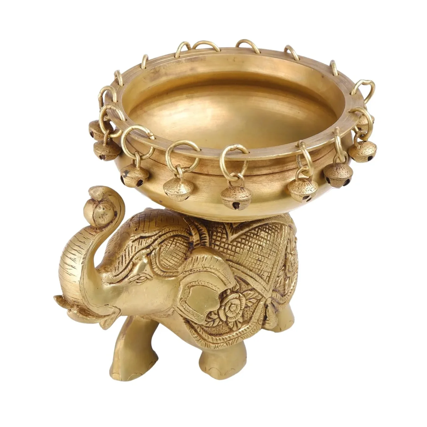 Brass Elephant Urli with Hanging Bell, Golden, Traditional, Brass, for Diwali, Pooja & Housewarming, 22x18x20 cm, Floating Candle & Diya Decoration
