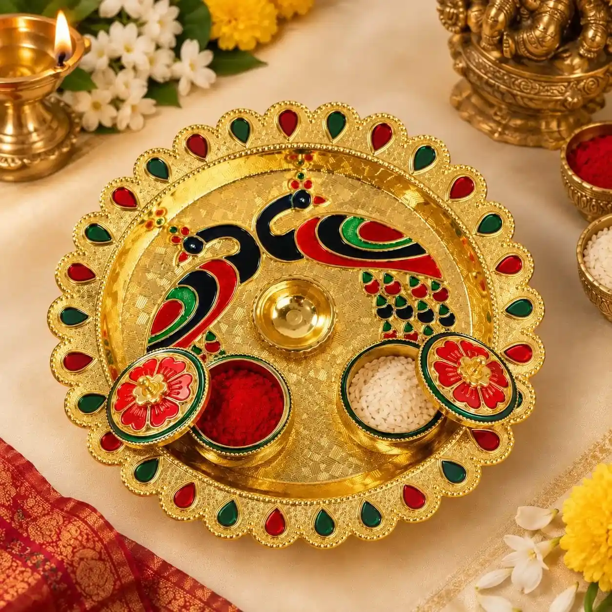 Handcrafted Brass Peacock Pooja Thali Set 6 Inch with Diya Holder