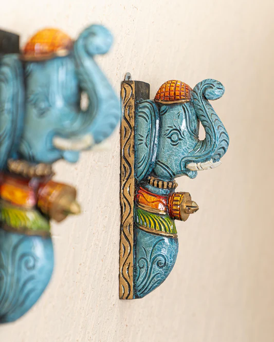 Wooden Carved Elephant Bracket - 12 inch - Set of 2