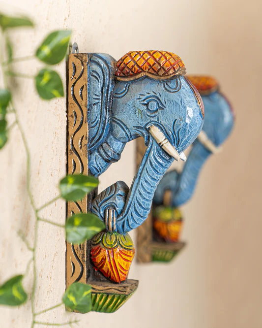 Wooden Carved Elephant Bracket - 12 inch - Set of 2