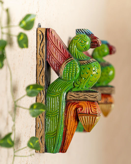 Wooden Carved Parrot Bracket - 12 inch - Set of 2 -