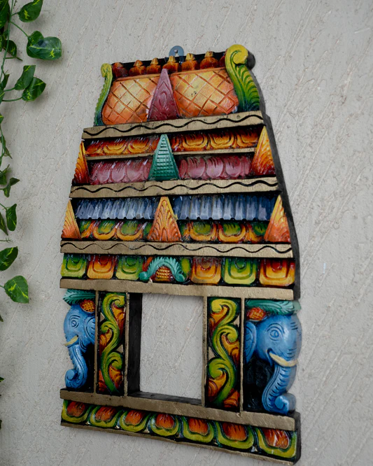 Wooden Carved - Kovil Gopuram with Elephant Wall Hanging - 18 inch
