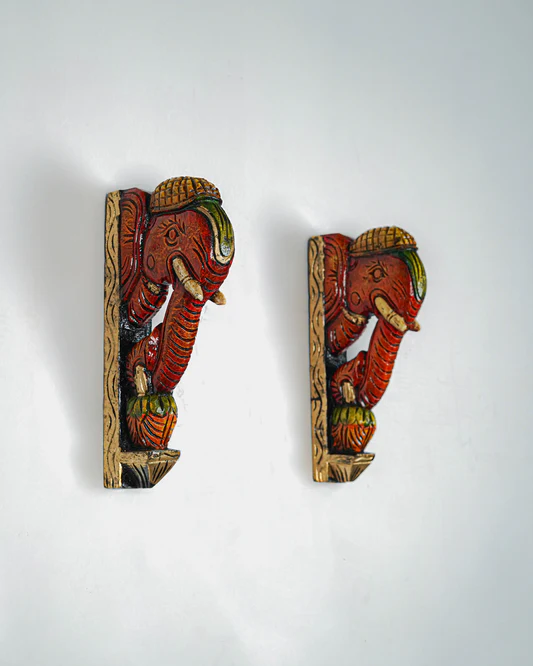 Wooden Carved Elephant Bracket - 12 inch - Set of 2