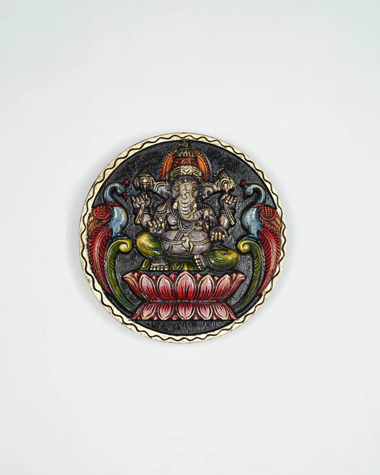 Wooden Carved Ganesha Round Frame - Purple - 12 inch