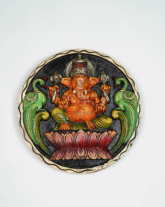 Wooden Carved Ganesha Round Frame - Orange - 12 inch