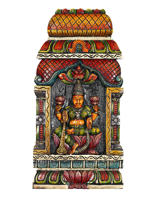 Wooden Carved Saraswathi with Gopuram Design Wall Hanging Frame - 24 inch