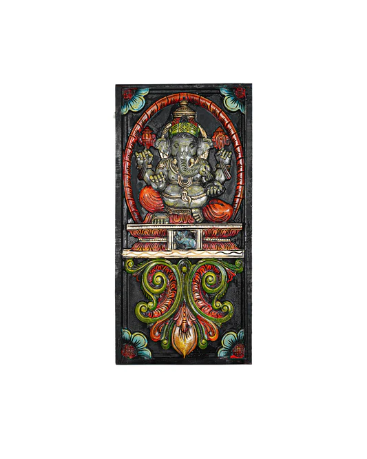 Wooden Carved Ganesha with Flower Design Wall Hanging Frame - 24 inch