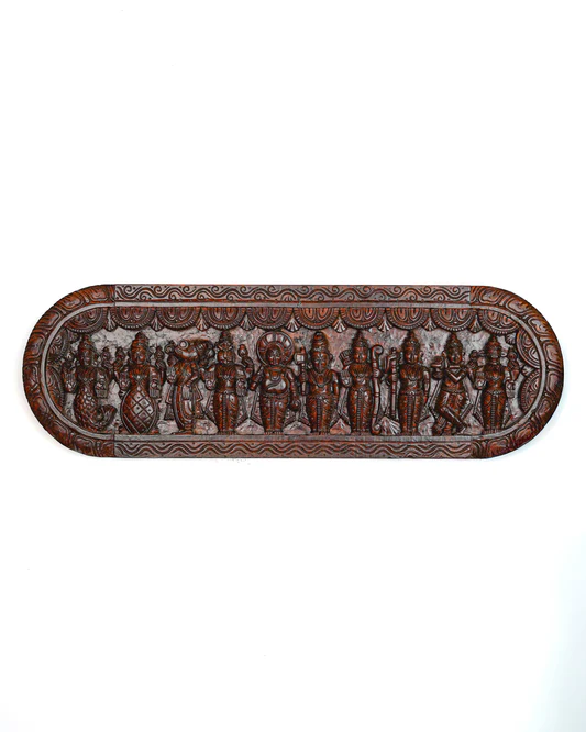 Wooden Carved Dasavatharam Wall Hanging Panel - Brown - 36 inch -