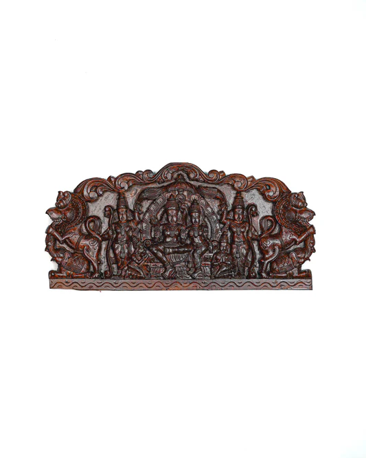 Wooden Carved Ram Darbar with Yazhi Wall Hanging Panel - 30 inch
