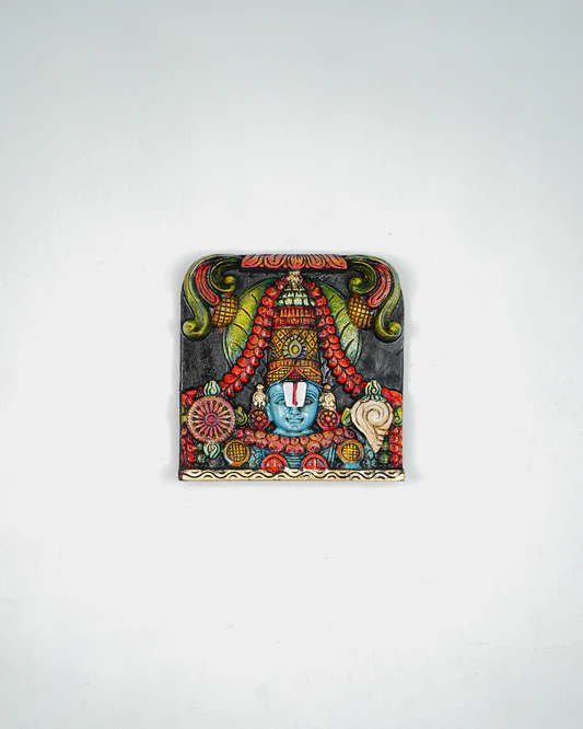 Wooden Carved Tirupathi Balaji with Flower Design Wall Hanging Frame - 12 inch