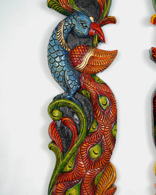 Wooden Carved Peacock with Flower Wall Hanging - Set of 2 - 36 inch