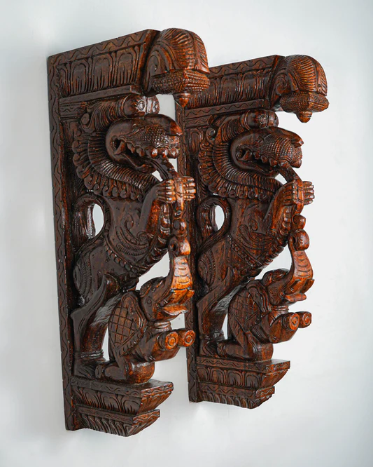 Wooden Carved Yazhi with Elephant Wall Hanging Bracket - Set of 2 - 27 inch -