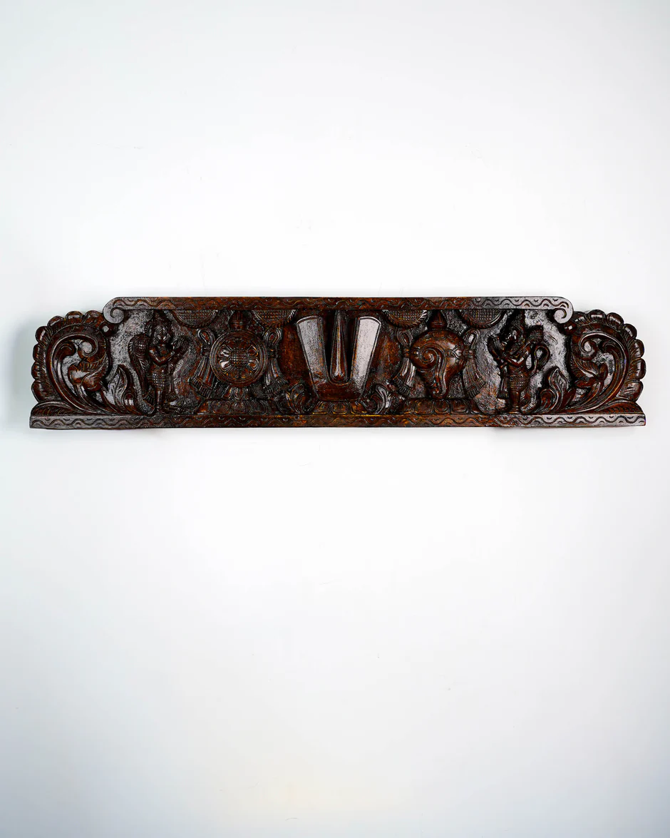 Wooden Carved Namam with Shankh Chakra Wall Hanging Panel