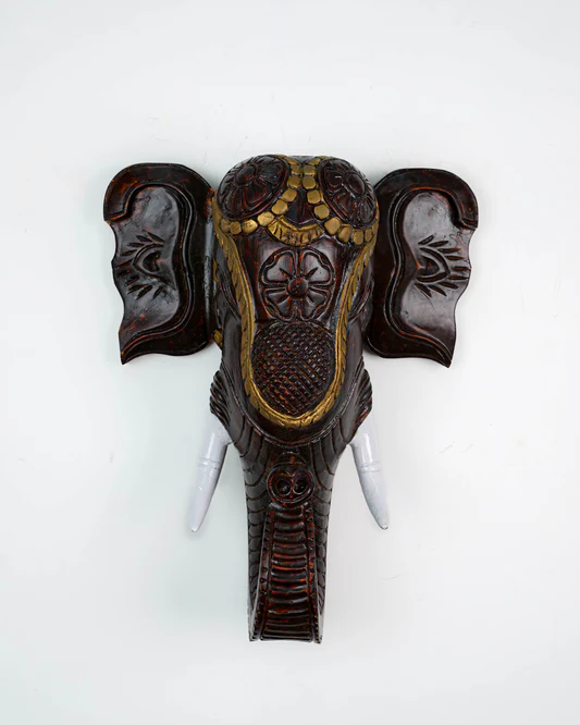 Wooden Carved Elephant Head Wall Hanging -