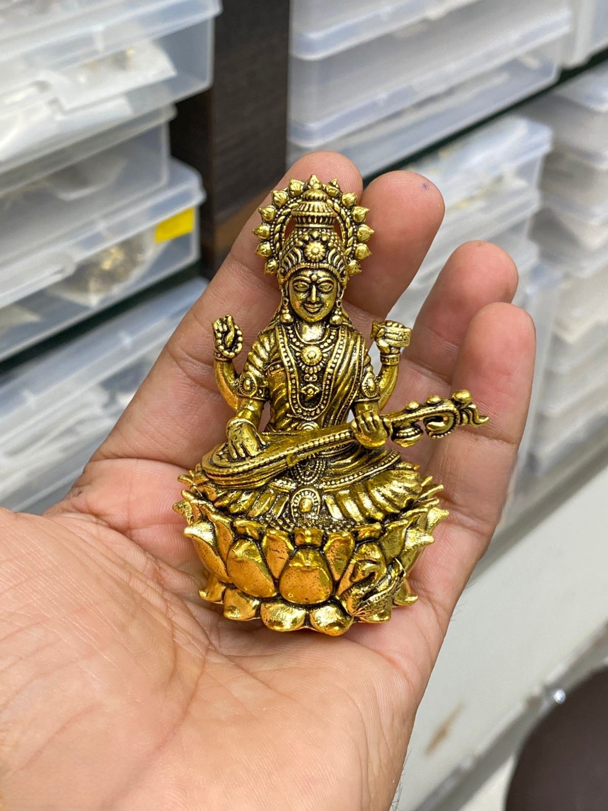 Pure Brass Miniature Saraswati Idol Seated on Lotus