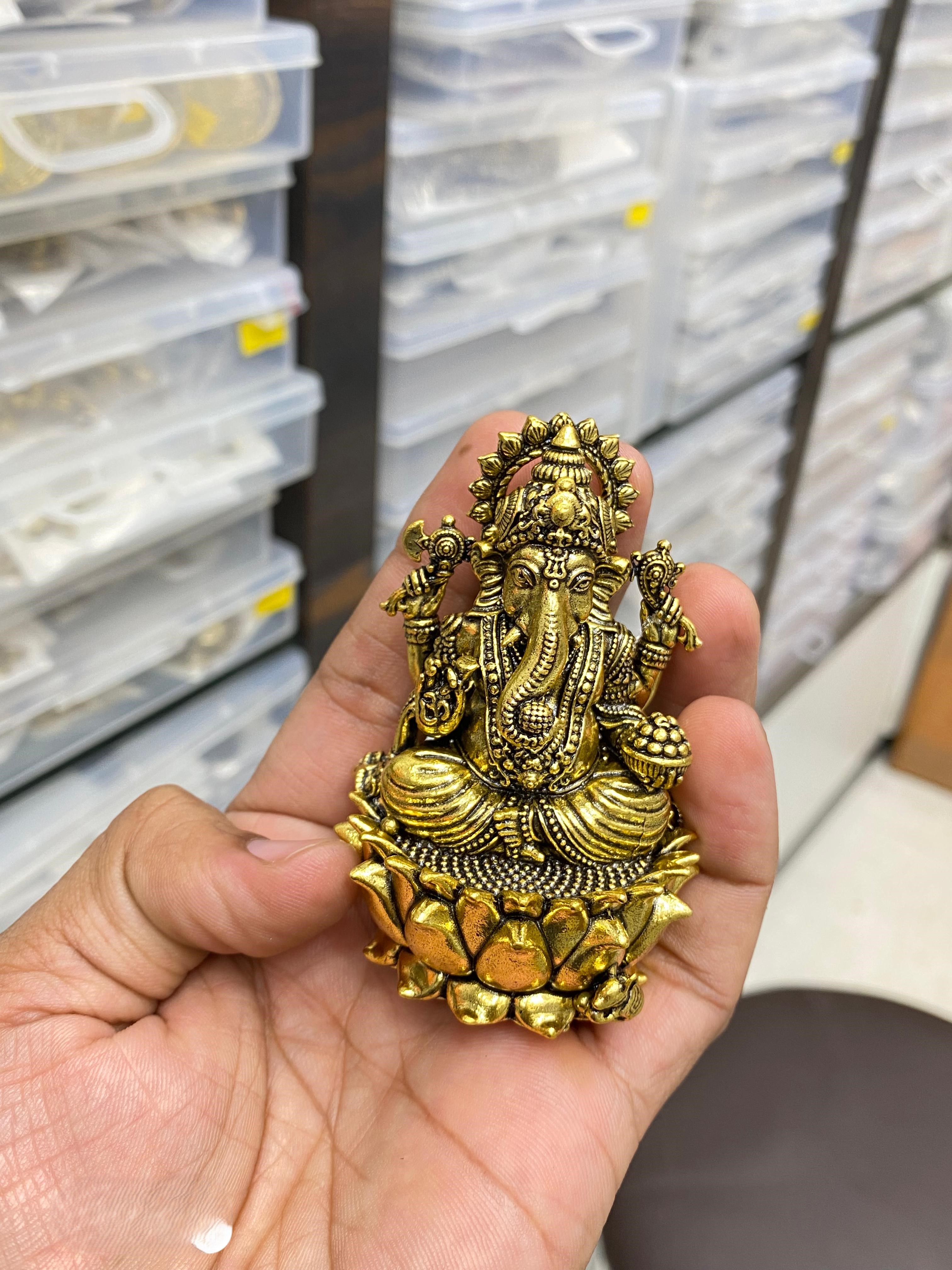 Pure Brass Miniature Ganesha Idol Seated on Lotus