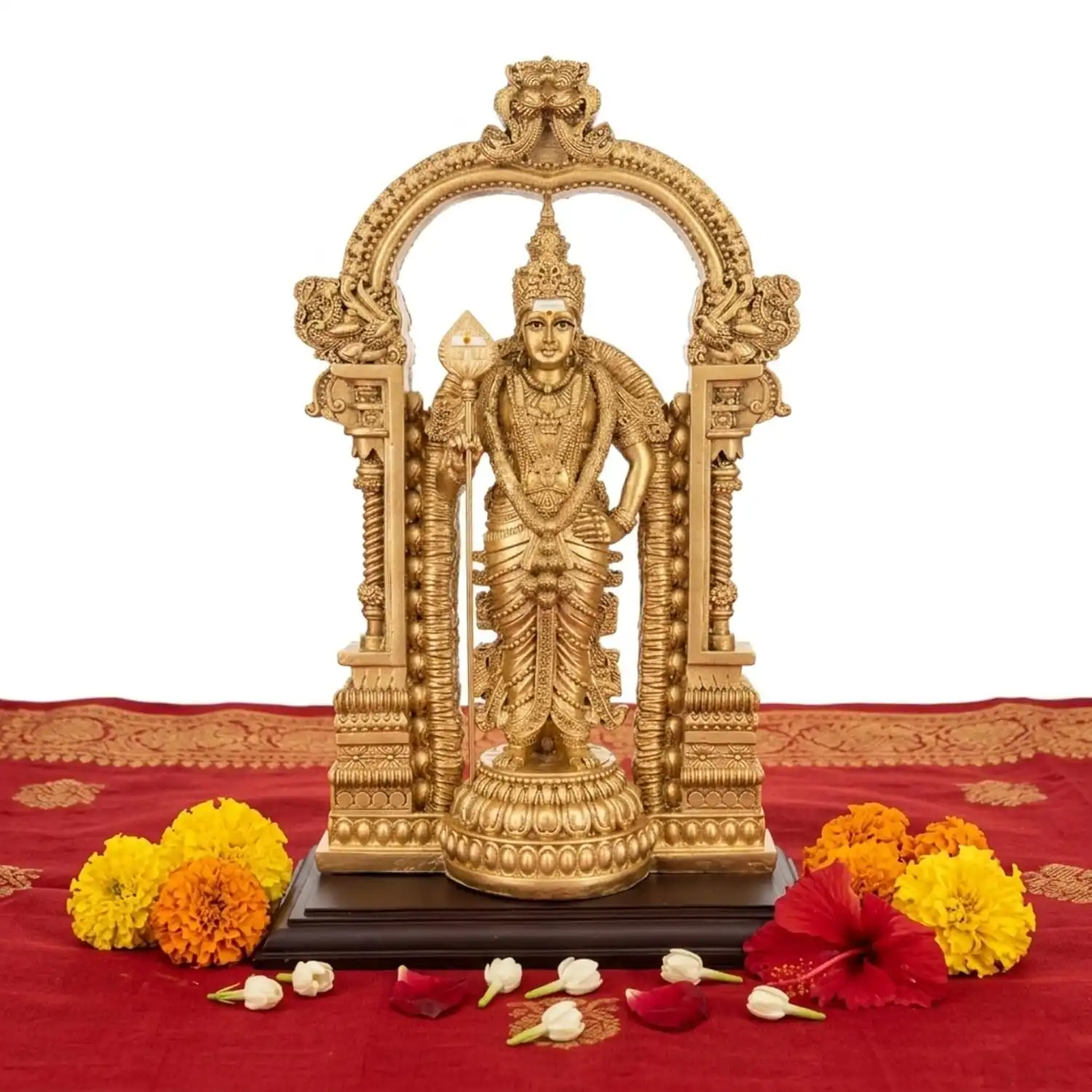 Thiruchendur Lord Murugan Gold Finish Statue with Prabhavali Arch
