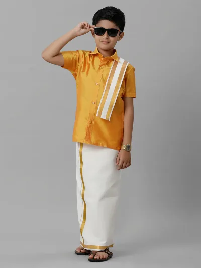 Boys Red Half Sleeves Shirt with Cream Dhoti Towel Combo K8