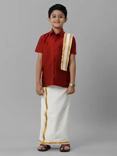 Boys Yellow Half Sleeves Shirt with Cream Dhoti Towel Combo K6