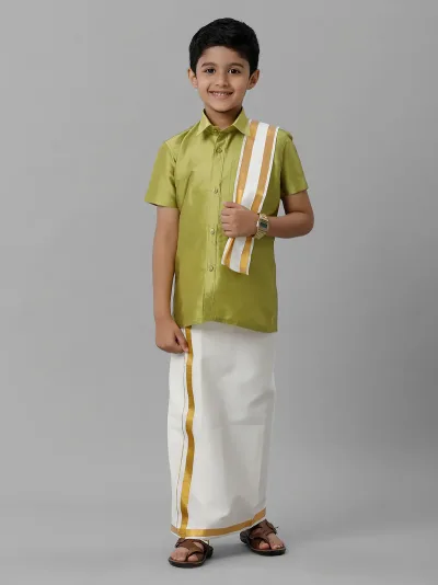 Boys Lemon Green Half Sleeves Shirt with Cream Dhoti Towel Combo K44