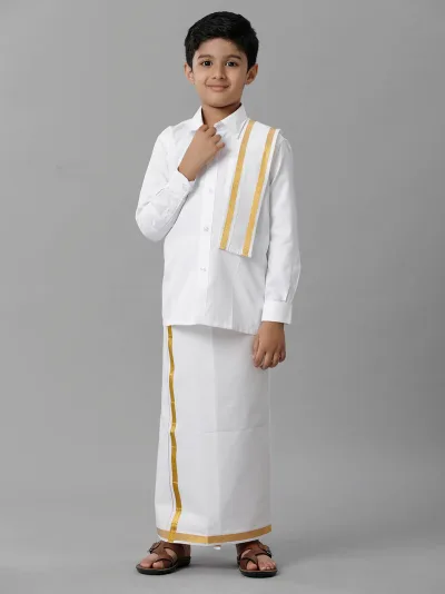 Boys White Full Sleeves Shirt Dhoti with Towel Set